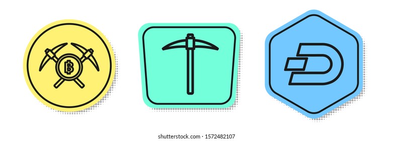 Set line Crossed pickaxe, Pickaxe and Cryptocurrency coin Dash. Colored shapes. Vector