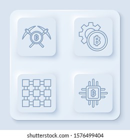 Set line Crossed pickaxe, Cryptocurrency coin Bitcoin, Blockchain technology and CPU mining farm. White square button. Vector