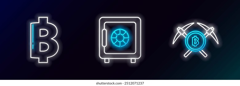 Set line Crossed pickaxe, Cryptocurrency coin Bitcoin and Safe icon. Glowing neon. Vector