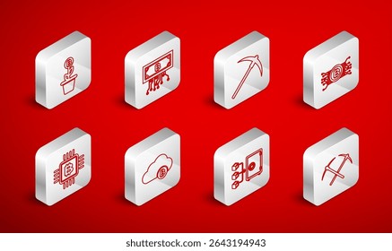 Definir linha picareta cruzada, Bitcoin criptomoeda com circuito, Pickaxe, Prova de estaca, Bitcoin planta o pote, mineração de nuvem e CPU farm ícone. Vetor