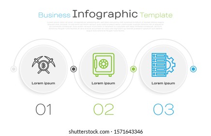 Set line Crossed pickaxe, Safe and Server and gear. Business infographic template. Vector