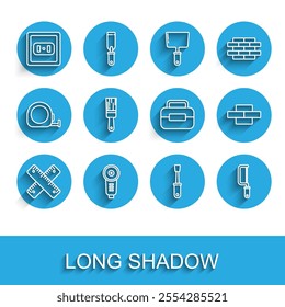 Set line Crossed ruler, Angle grinder, Electrical outlet, Screwdriver, Hacksaw, Paint brush, Bricks and Toolbox icon. Vector