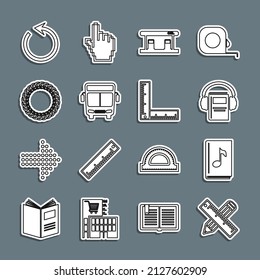 Set line Crossed ruler and pencil, Audio book, Gas filling station, Bus, Laurel wreath, Refresh and Folding icon. Vector