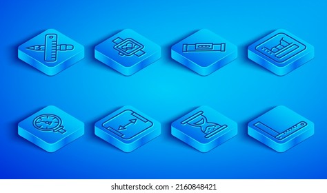 Set Line Crossed Ruler And Pencil, Smart Watch, Construction Bubble Level, Area Measurement, Old Hourglass With Sand, Graph, Schedule, Chart, Diagram, Pressure Water Meter And Corner Icon. Vector