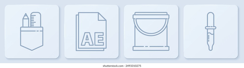 Set line Crossed ruler and pencil, Paint bucket, AE file document and Pipette. White square button. Vector