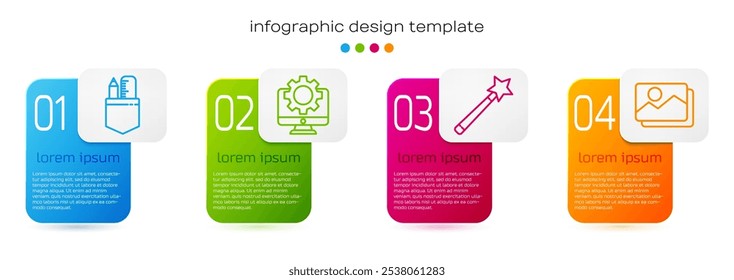 Definir linha Régua cruzada e lápis, Computador monitor e engrenagem, Varinha mágica e paisagem de imagem. Modelo de infográfico comercial. Vetor