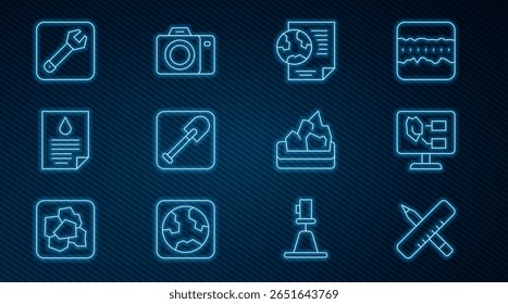 Set line Crossed ruler and pencil, Soil analysis, Earth globe with document, Shovel, Oil drop, Wrench spanner, Ore mining and Photo camera icon. Vector