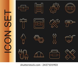 Set line Crossed ruler, Shovel, Electric drill machine, Gear, Electrical outlet, Hammer, Bricks and and wrench spanner icon. Vector