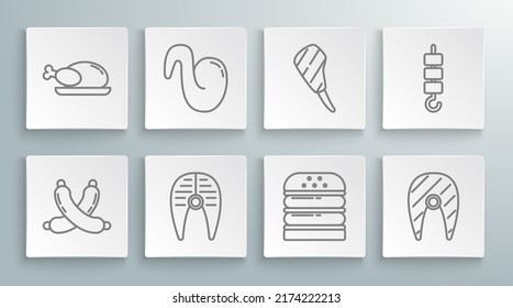 Set line Crossed sausage, Fried chicken wing, Fish steak, Burger, Rib eye, Grilled shish kebab on skewer stick and Roasted turkey or icon. Vector