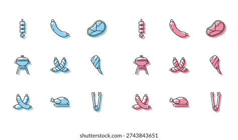 Set line Crossed sausage, Roasted turkey or chicken, Grilled shish kebab on skewer stick, Meat tongs, Rib eye steak, Barbecue grill and Sausage icon. Vector