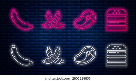Set line Crossed sausage, Steak meat, Sausage and Burger. Glowing neon icon on brick wall. Vector