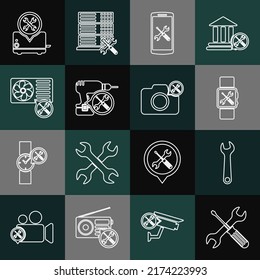 Set line Crossed screwdriver and wrench, Wrench, Smartwatch service, Smartphone, Drill machine, Air conditioner, Toaster and Photo camera icon. Vector