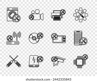 Set line Crossed screwdrivers, Processor service, Printer, Power bank, Washer, CD DVD disk, Security camera and Mobile Apps icon. Vector