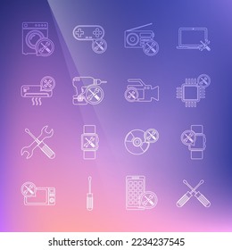 Set line Crossed screwdrivers, Smartwatch service, Processor, Radio, Drill machine, Air conditioner, Washer and Video camera icon. Vector