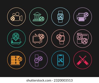 Set line Crossed screwdrivers, Video camera service, Smartwatch, Tv, Toaster,  and Bank building icon. Vector