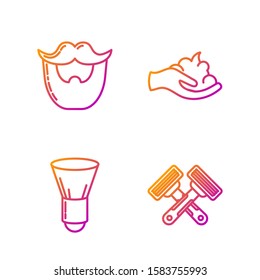Set line Crossed shaving razor, Shaving brush, Mustache and beard and Shaving gel foam on hand. Gradient color icons. Vector