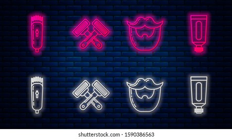 Set line Crossed shaving razor, Mustache and beard, Electrical hair clipper or shaver and Cream or lotion cosmetic tube. Glowing neon icon on brick wall. Vector