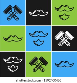 Set line Crossed shaving razor, Mustache and beard and Mustache icon. Vector