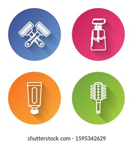 Set line Crossed shaving razor, Cream or lotion cosmetic tube, Cream or lotion cosmetic tube and Hairbrush. Color circle button. Vector