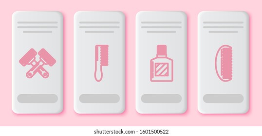 Set line Crossed shaving razor, Hairbrush, Aftershave and Hairbrush. White rectangle button. Vector