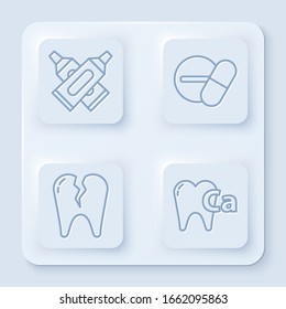 Set line Crossed tube of toothpaste, Medicine pill or tablet, Broken tooth and Calcium for tooth. White square button. Vector