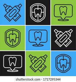 Fije la línea Tubo cruzado de pasta dentífera, la ubicación de la clínica dental e icono de protección dental. Vector
