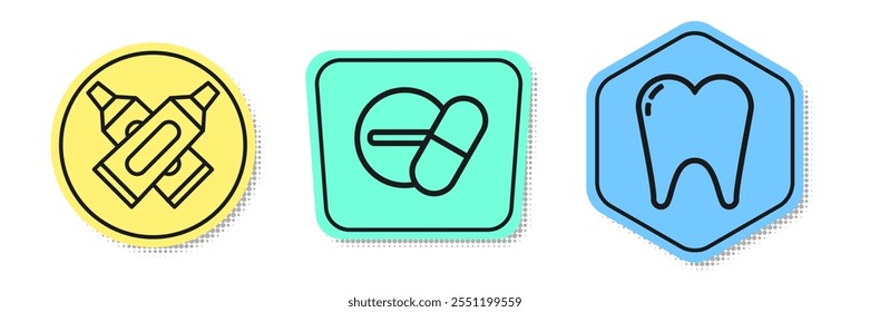Línea de Set Tubo cruzado de pasta de dientes, pastilla o tableta de medicina y diente. Formas de colores. Vector