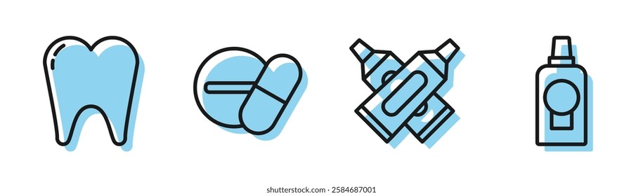 Set line Crossed tube of toothpaste, Tooth, Medicine pill or tablet and Mouthwash plastic bottle icon. Vector