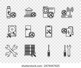 Set line Crossed wrenchs, Screwdriver and, Video camera service, Database server, USB flash, Refrigerator,  and Power bank icon. Vector