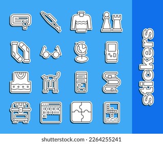 Set line Crossword, Book, Tetris, Sweater, Eyeglasses, Socks, Certificate template and Earth globe icon. Vector