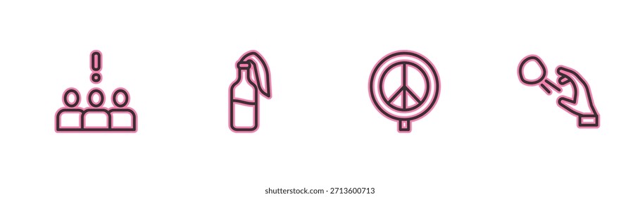 Fije la línea Protesta de la multitud, Paz, cóctel molotov y Hooligan icono de piedras de tiro. Vector