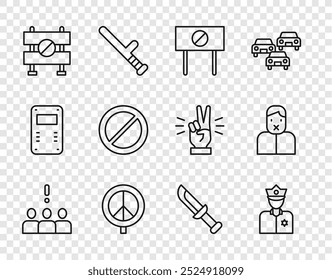 Fije la línea Protesta de la multitud, oficial de policía, protesta, paz, barrera vial, prohibición, cuchillo militar y censor e icono de libertad de expresión. Vector