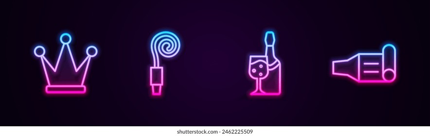 Set line Crown, Birthday party horn, Champagne bottle and . Glowing neon icon. Vector