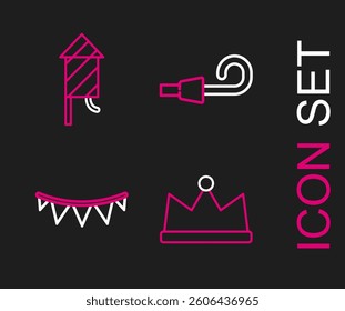 Set line Crown, Carnival garland with flags, Birthday party horn and Firework rocket icon. Vector