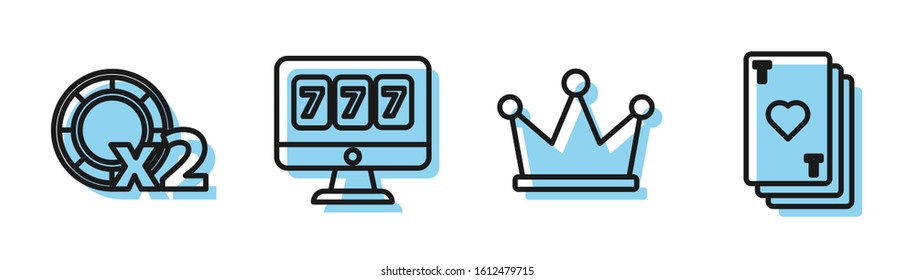 Set line Crown, Casino chips, Online slot machine with lucky sevens jackpot and Playing card with heart icon. Vector