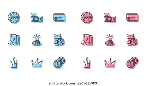 Set line Crown, Casino chips, with dollar, losing, Playing card heart and and stacks money cash icon. Vector