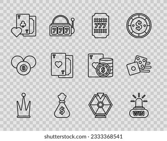Set line Crown, Casino win, Slot machine with lucky sevens jackpot, Money bag, Playing card clubs symbol, heart, Lucky wheel and Game dice icon. Vector