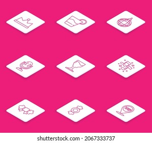 Fijar línea Corona, Cóctel, bola disco, Micrófono, Vidrio, Nota musical, tono, corbata de vaca e icono de Candy. Vector