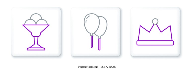 Set line Crown, Ice cream in bowl and Balloons with ribbon icon. Vector