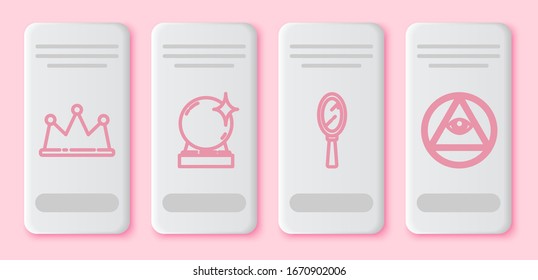 Set line Crown, Magic ball, Magic hand mirror and Masons. White rectangle button. Vector