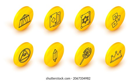 Fijar línea Corona, varita mágica, piedra, máscaras, dados de juego, libro de magia antigua, cartas de juego e icono de tienda de circo. Vector