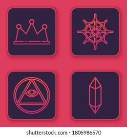 Fijar la línea Crown, Masons, Spider web y Magic stone. Botón cuadrado azul. Vector