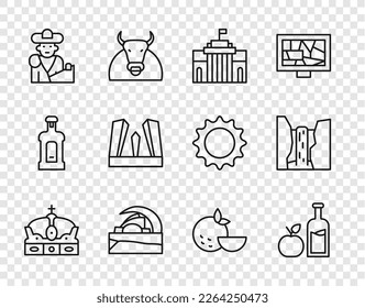 Set line Crown of spain, Apple cider bottle, Prado museum, Concert hall Tenerife, Bullfight, matador, Gate Europe, Orange fruit and Algar waterfall icon. Vector