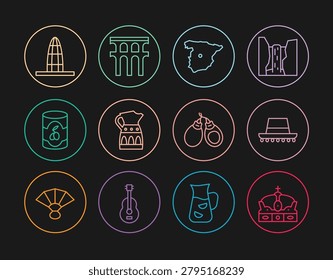 Set line Crown of spain, Spanish hat, Map Spain, Sangria pitcher, Olives can, Agbar tower, Castanets and Aqueduct Segovia icon. Vector