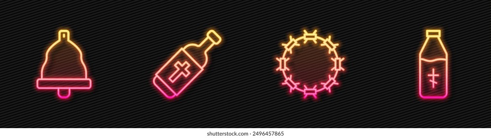 Set line Crown of thorns, Church bell, Holy water bottle and . Glowing neon icon. Vector