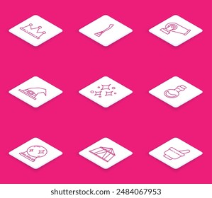 Set line Crown, Witches broom, Cannon, hat, Sparkle stars with magical glitter, Bottle love potion, Magic ball and Circus tent icon. Vector