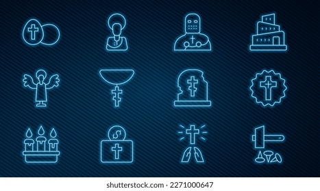 Set line Crucifixion of Jesus Christ, Christian cross, Knight crusader, chain, Angel, Easter egg, Grave with tombstone and  icon. Vector