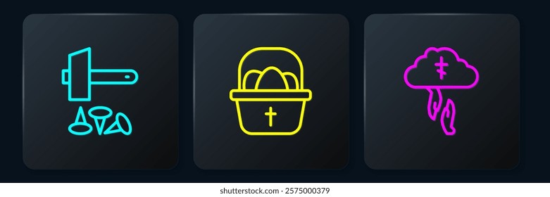 Set line Crucifixion of Jesus Christ, God's helping hand and Basket with easter eggs. Black square button. Vector