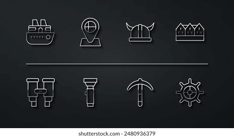 Set line Cruise ship, Binoculars, Norwegian wooden house, Pickaxe, Flashlight, Location flag Iceland, Ship steering wheel and Viking horned helmet icon. Vector