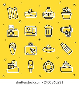 Set line Cruise ship, Bottle of water, Diving mask, Signboard with text Hotel, Travel postcard, Photo camera flash, Rubber flippers for swimming and Wooden beer mug icon. Vector
